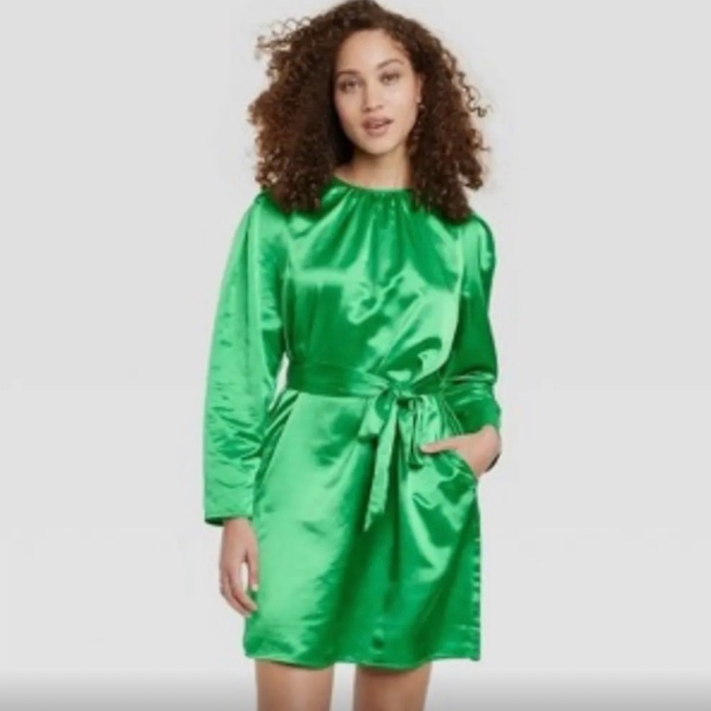 Target A New Day Green Satin Long Sleeve Belted Dress NWT